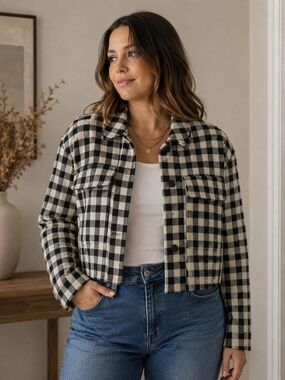 Topshop Black Cream Gingham Cropped Jacket Shacket Size 10 Read